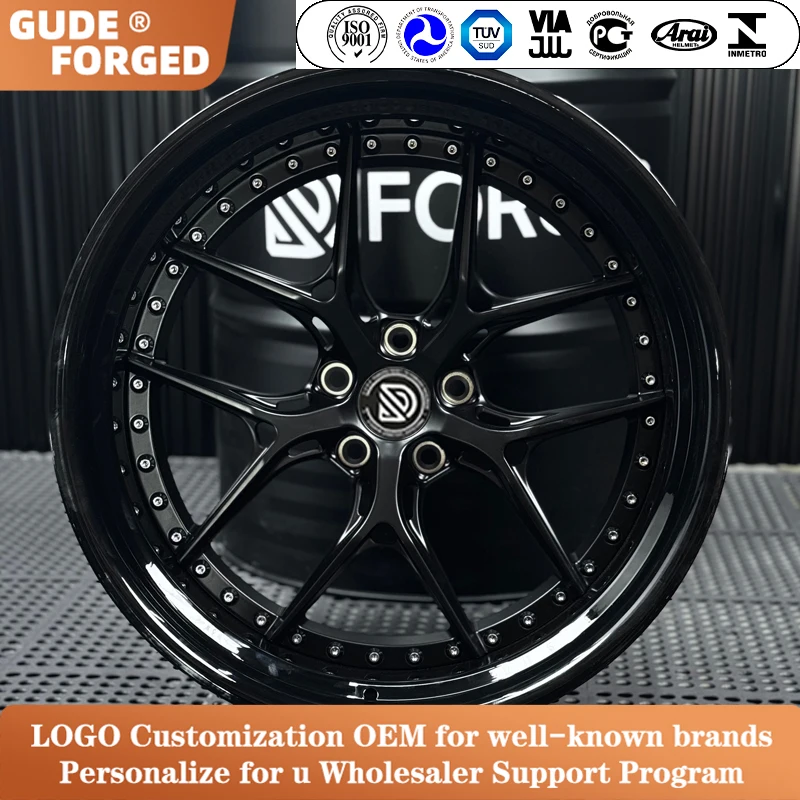 20-24 Inch Black Machined Lip Rivet Design Two-Piece Forged Alloy Wheels Custom Sports Car RimsTUV Approved Wheels High Strength