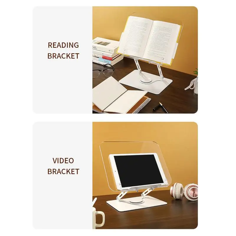 Desktop Book Stand with 360 Rotating Base Transparent Acrylic Panel Page Clips for Reading Book Holder Textbook Adjustable Stand