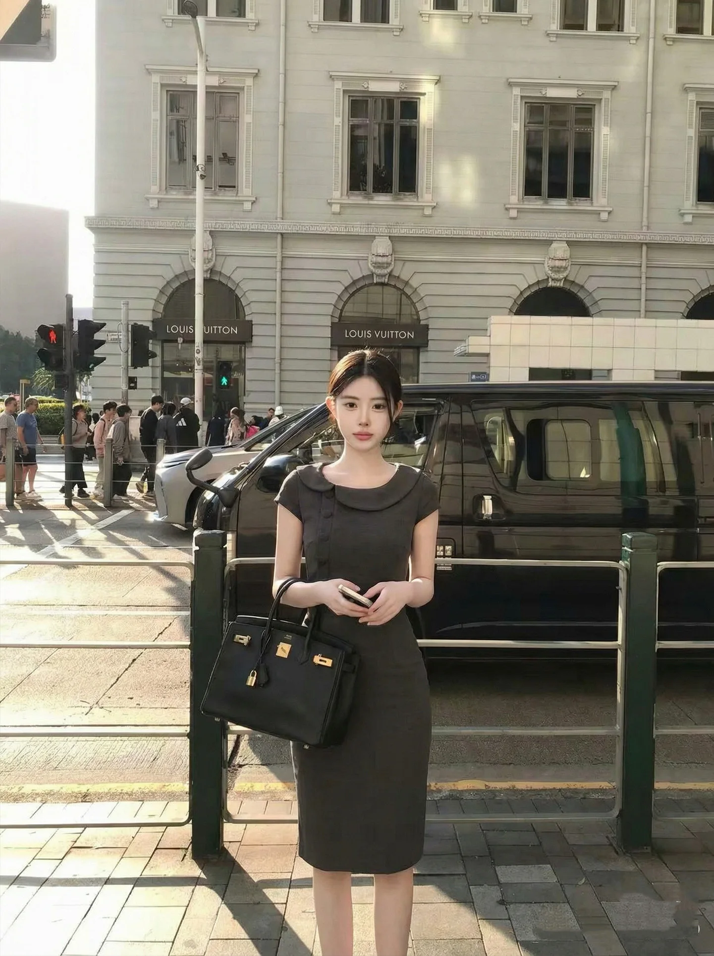 Elegant Doll Collar One Step Waist Cinched Dress Retro Style Commute Simple Fabric Other Short Sleeve Bodycon Skirt for Girls
