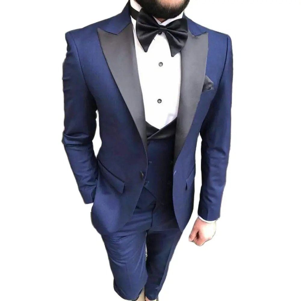 Azul masculino ternos para o casamento preto peaked lapela noivo smoking ajuste fino homem blazer 3 peças jaqueta calças colete traje homme