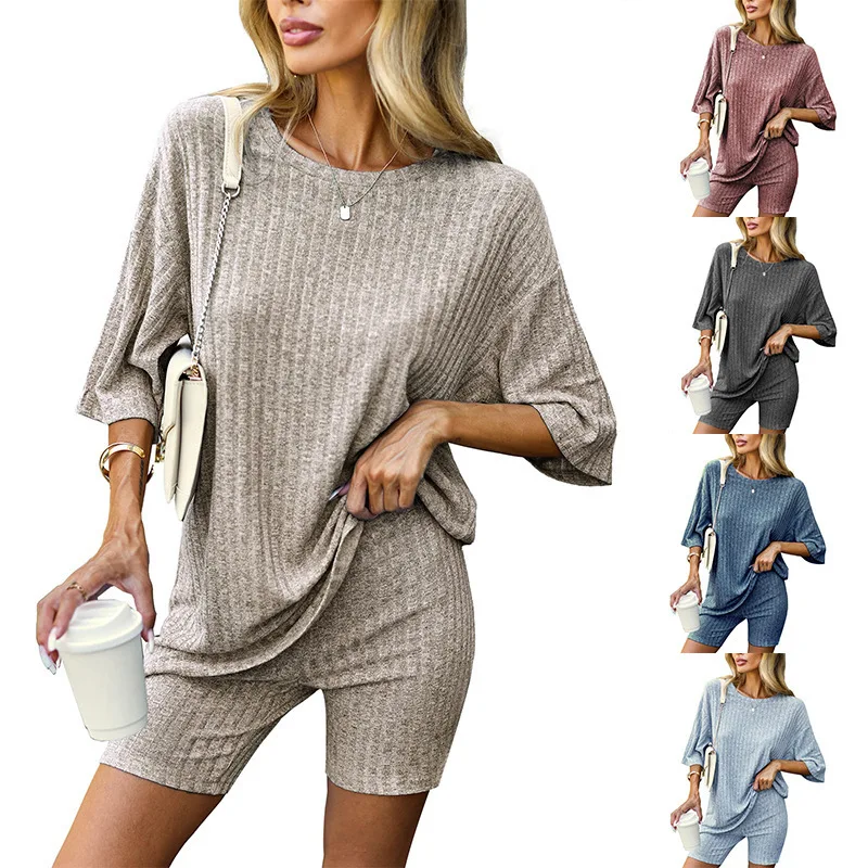 Two Piece Set Pajamas 2 Piece Lounge Sets Ribbed Knit Matching Outfits T shirt Biker Shorts Sleepwear Loungewear Sweatsuits Pant