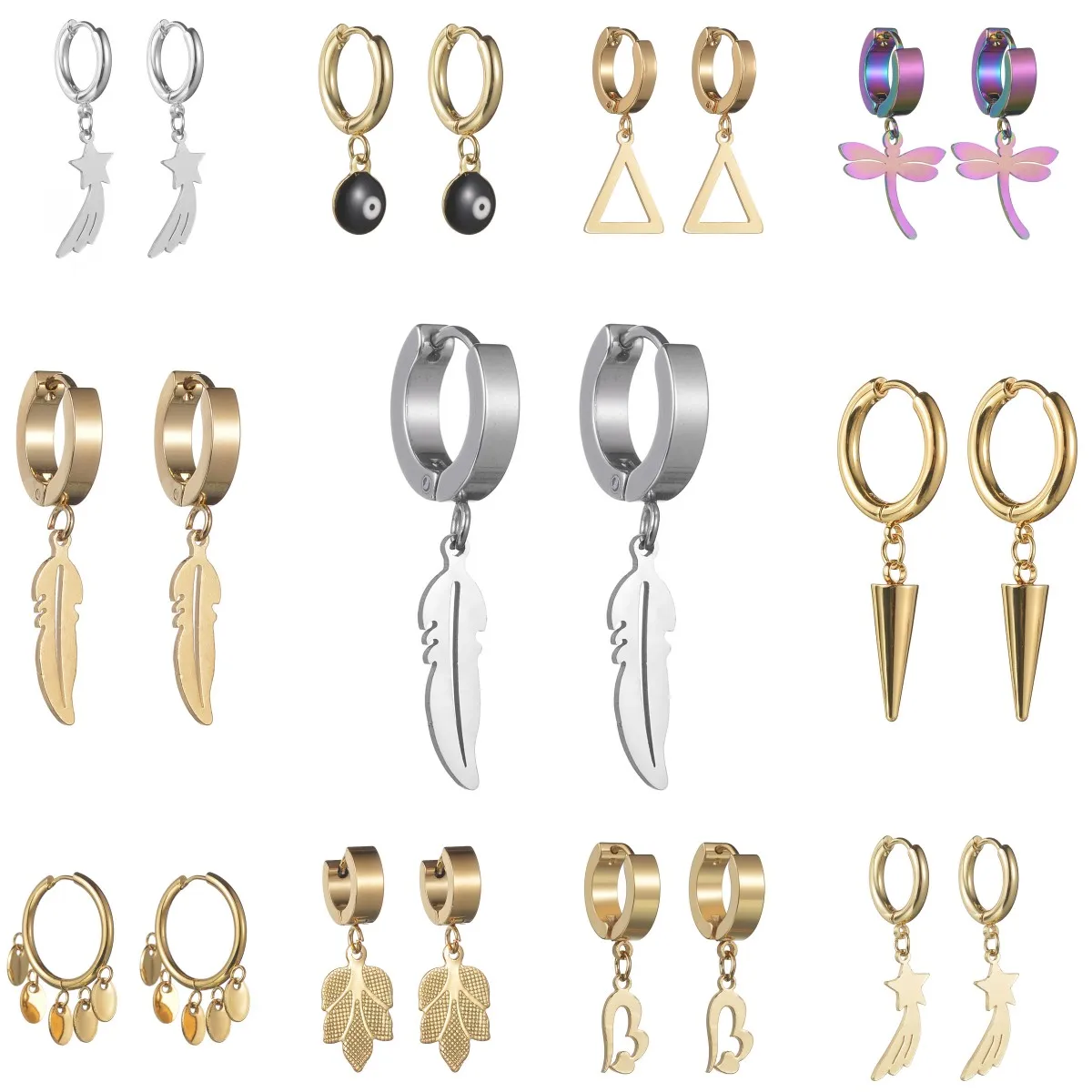 1Pair Fashion Simple Personality Feather Leaf Dangle Earings With Pendant Gold Color Heart Drop for Women Jewelry
