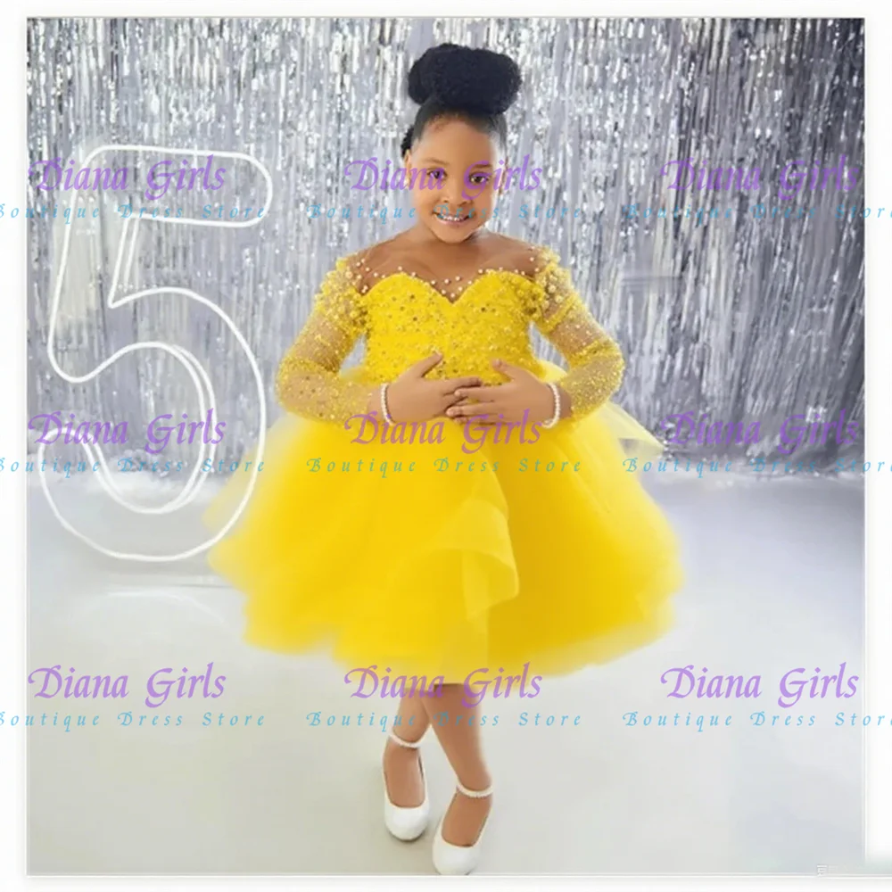 

Милое белое платье с блестками и жемчугом для девочек, пышное тюлевое платье для маленькой принцессы, свадебные платья, детские бальные платья для дня рождения