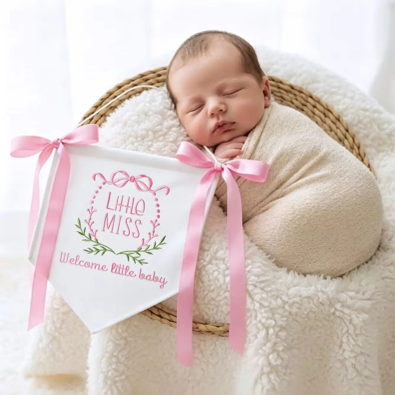 Newborn Photography Ribbon Embroidery Triangle Flag Banner Girl Boy Baby Wall Decor Birth Announcement Photo Shooting Accessorie