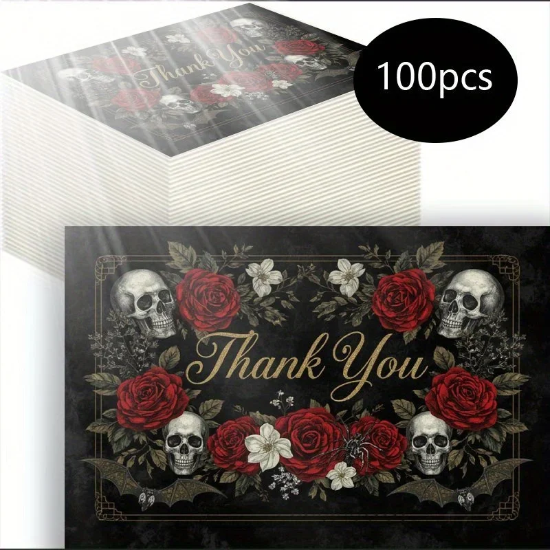 100pcs Skeleton Rose Themed Thank-you Cards, Featuring Colorful Halloween Design, Ideal for Both Adults and Teenagers