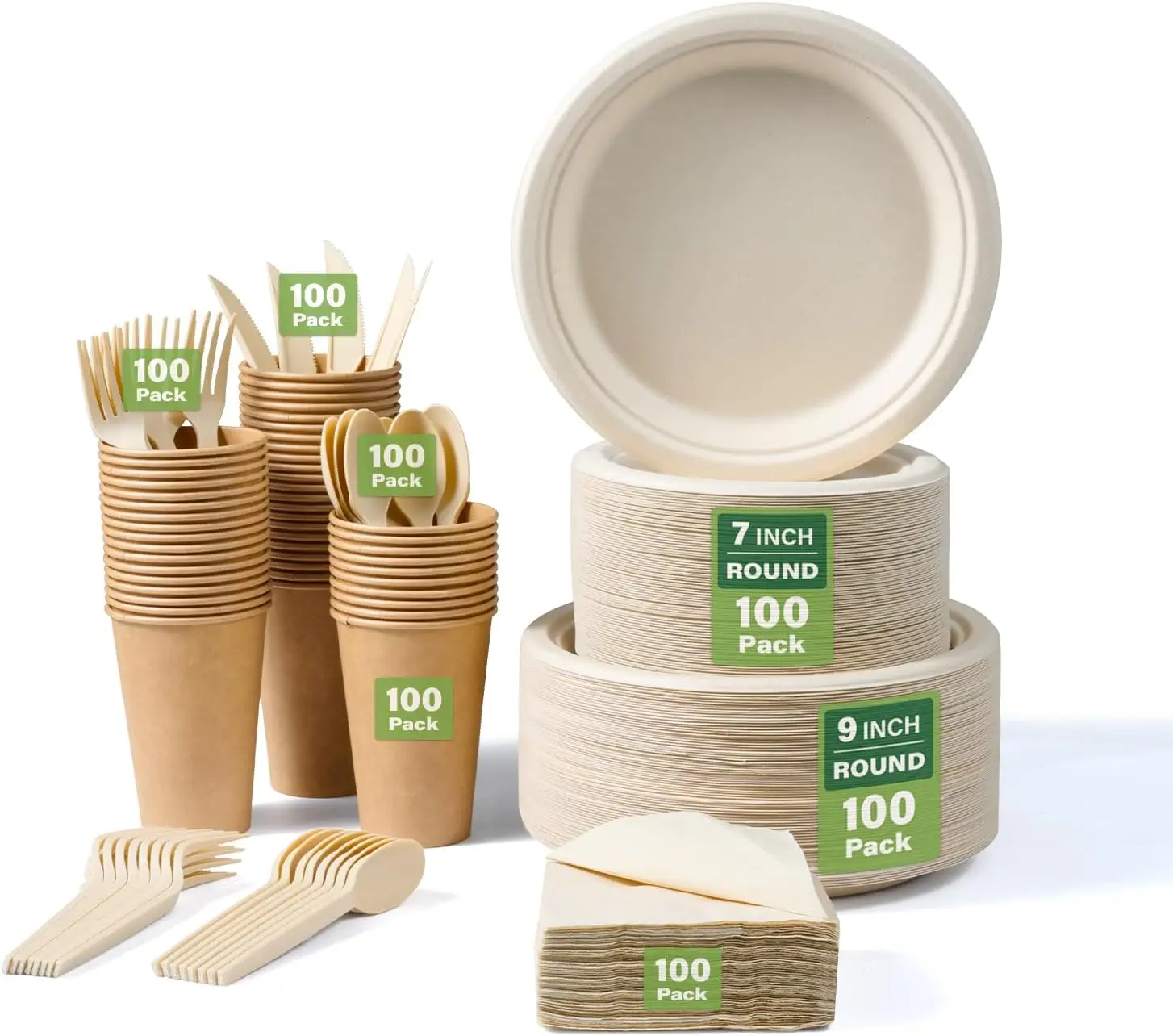 700 Pieces Compostable Disposable Plates ,  for 100 Salad Plates,Spoons, Forks, Knives, Cups, Napkins