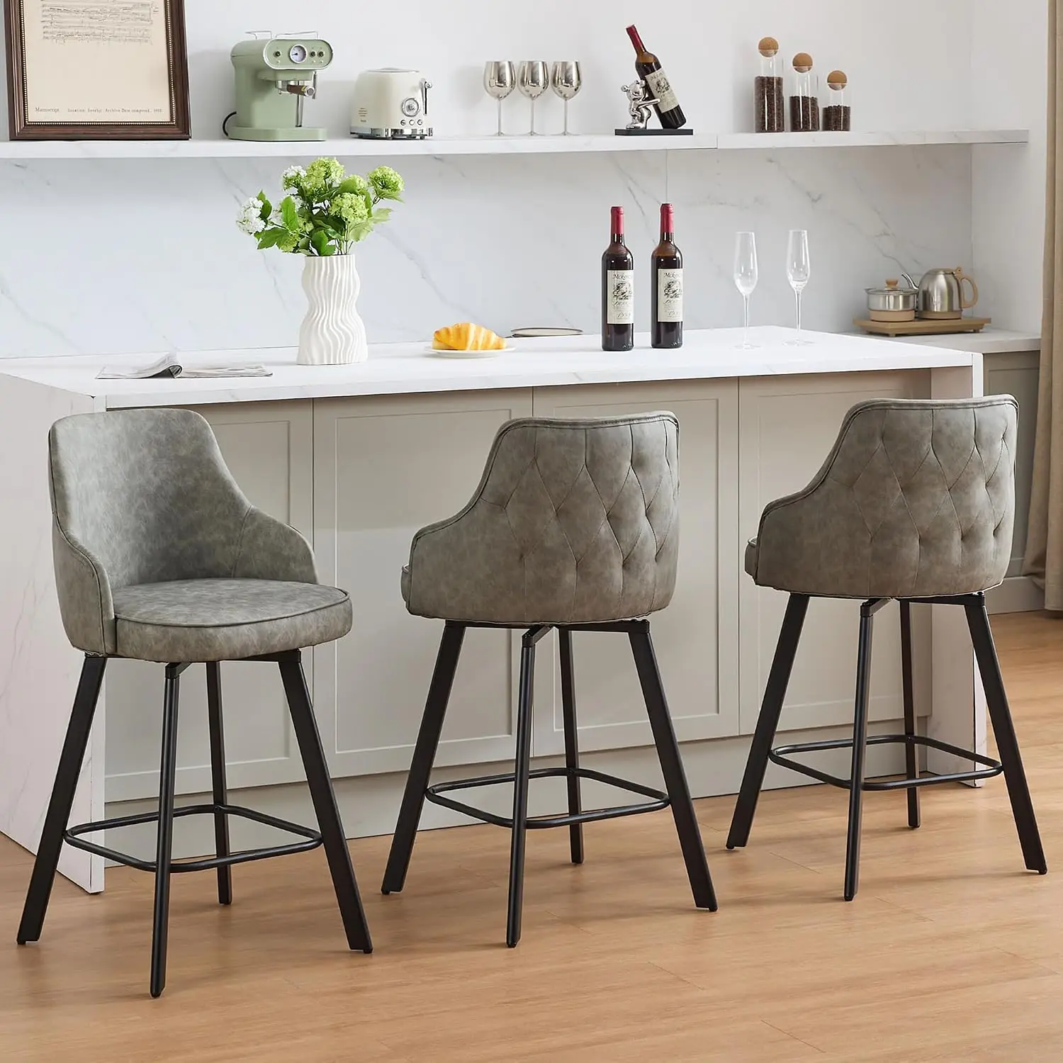 Counter Height Bar Stools Set Of 3 With Back, Faux Leather Swivel Bar Chair | Mid Century Modern, 300 Lbs High, Customized