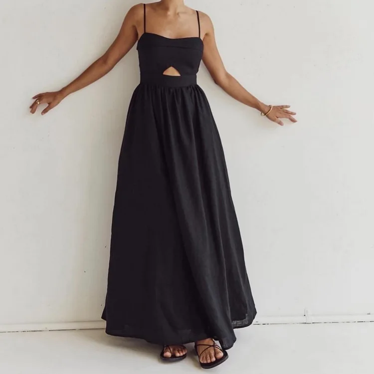 

Sexy Loose Black Cotton Womens Dresses 2026 Summer Strap Sleeveless Ankle Length Dress Elegant Hollow Out Female Dress