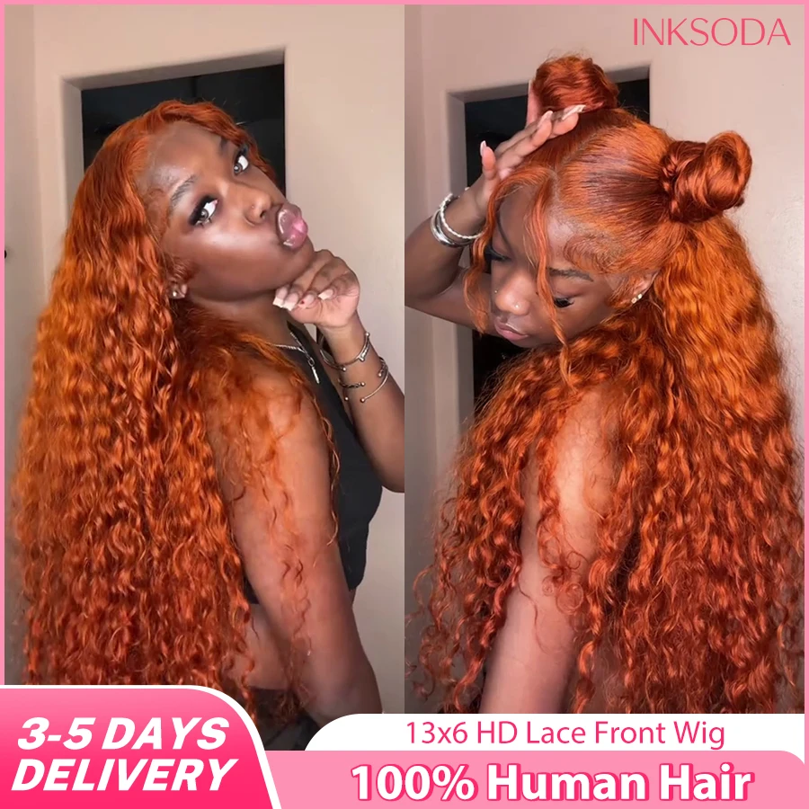 

Парик из натуральных волос Deep Wave 13x6 HD Lace Front, кудрявый, 13x4 Lace Frontal, с эффектом Water Wave, предварительно выщипанный, оранжево-имбирный