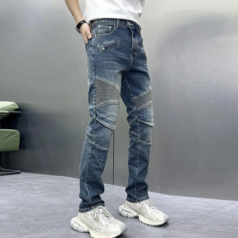 Y2Knew men's work pants with fishing net patches washed, nostalgic stretch, slim fit, retro blue work pants designer pa