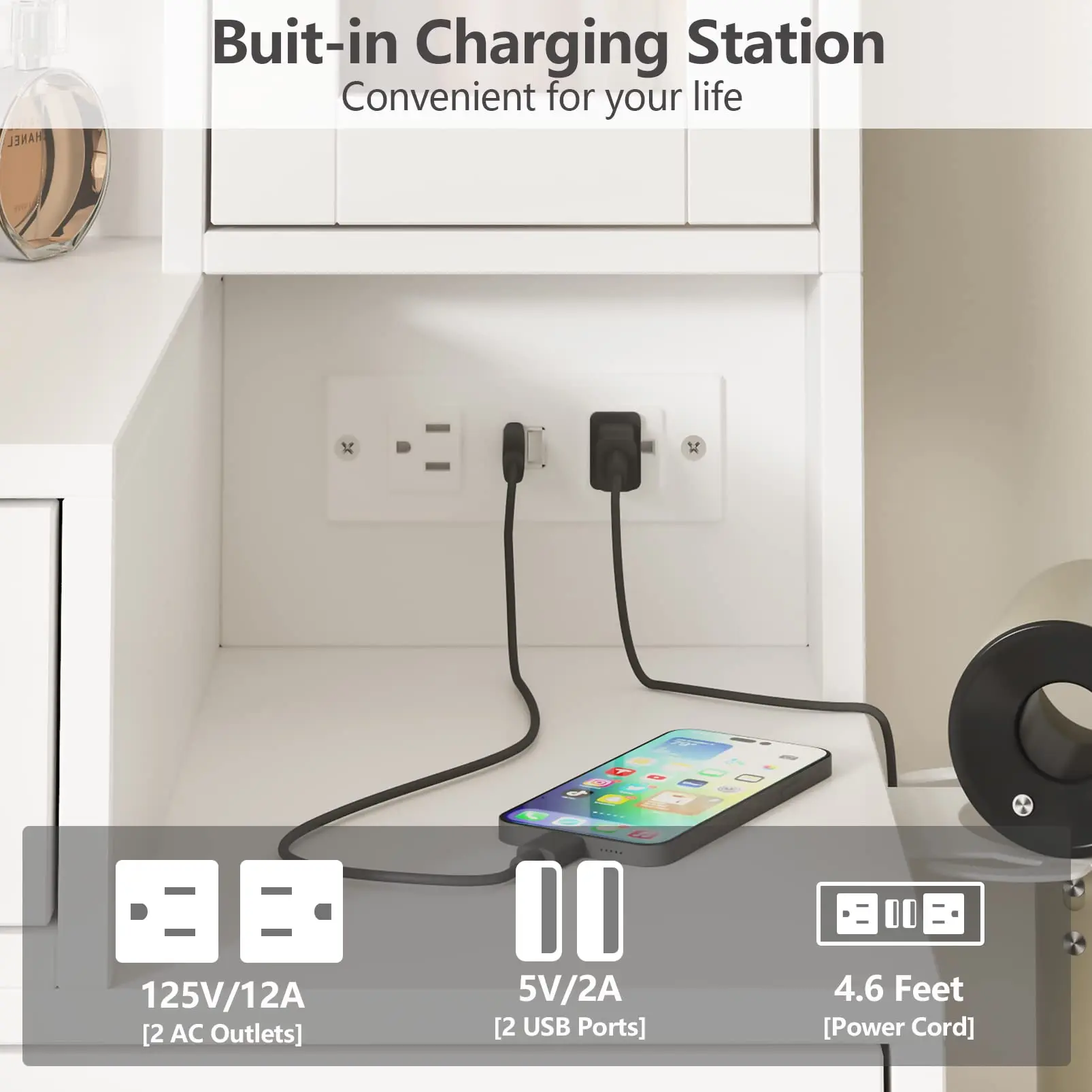 Vabches مكتب زينة مع أضواء مرآة طاولة تزيين للمكياج مع شريط طاقة وخزانة تخزين مرئية طاولة زينة خشبية 5 أدراج