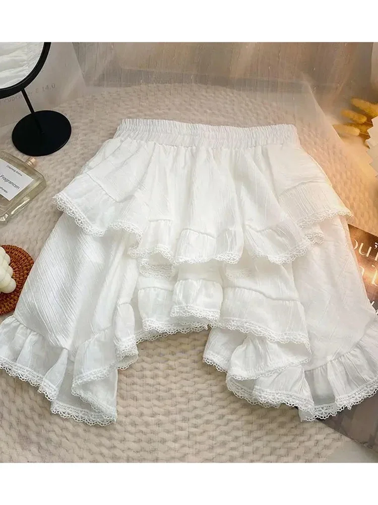 

Korean High Waist Versatile Women's Irregular Kawaii Cake Short Skirt Women Fashion Splicing Lace Solid Color Half Skirt Summer