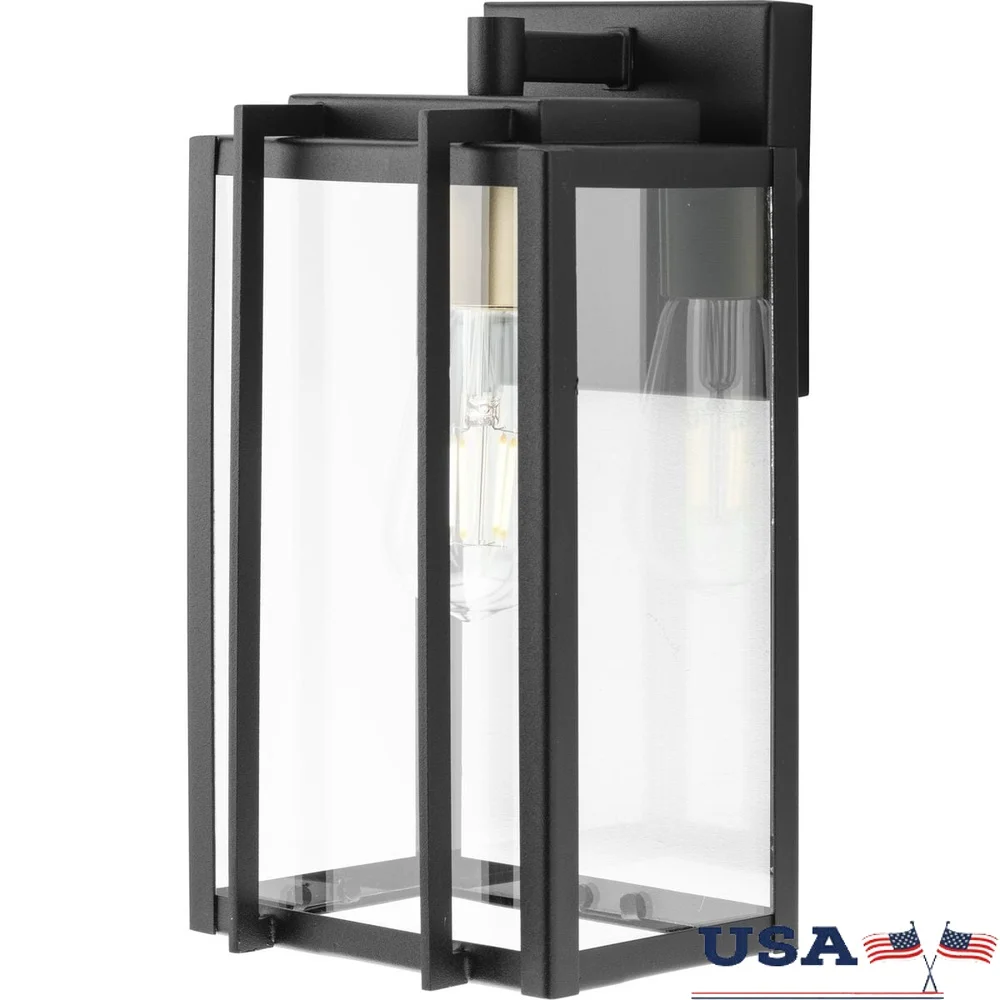 

Modern Craftsman Outdoor Wall Lantern Black Steel Clear Glass Shade Gold Accent Dimmable Porch Entryway Light Fixture