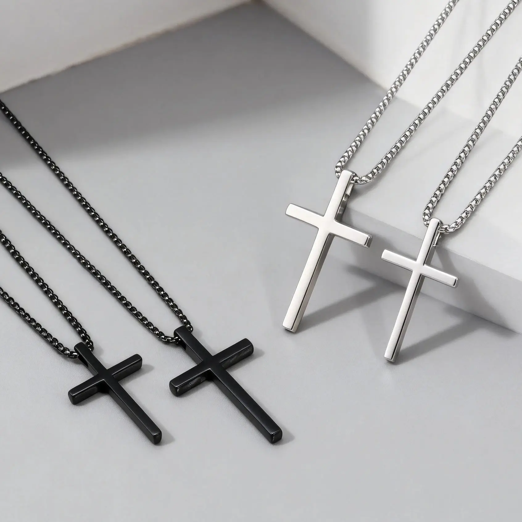 Trendy Christian Religion Necklace for Women & Men Stainless Steel Box Chain with Alloy Cross Pendant Fashionable Neck Collar