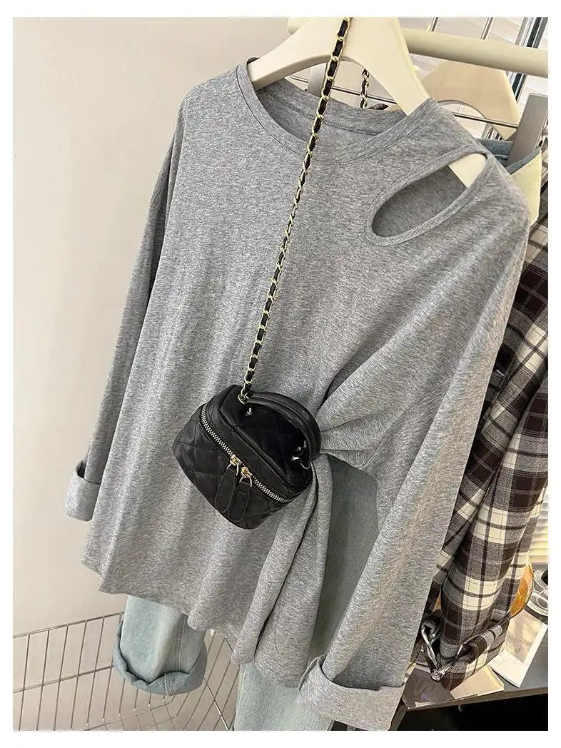 taglie forti 300 Pou Coreano Sle Color oulder Bared Long Sve T-shirt da donna vestibilità ampia Abbigliamento interno Top per Early A...