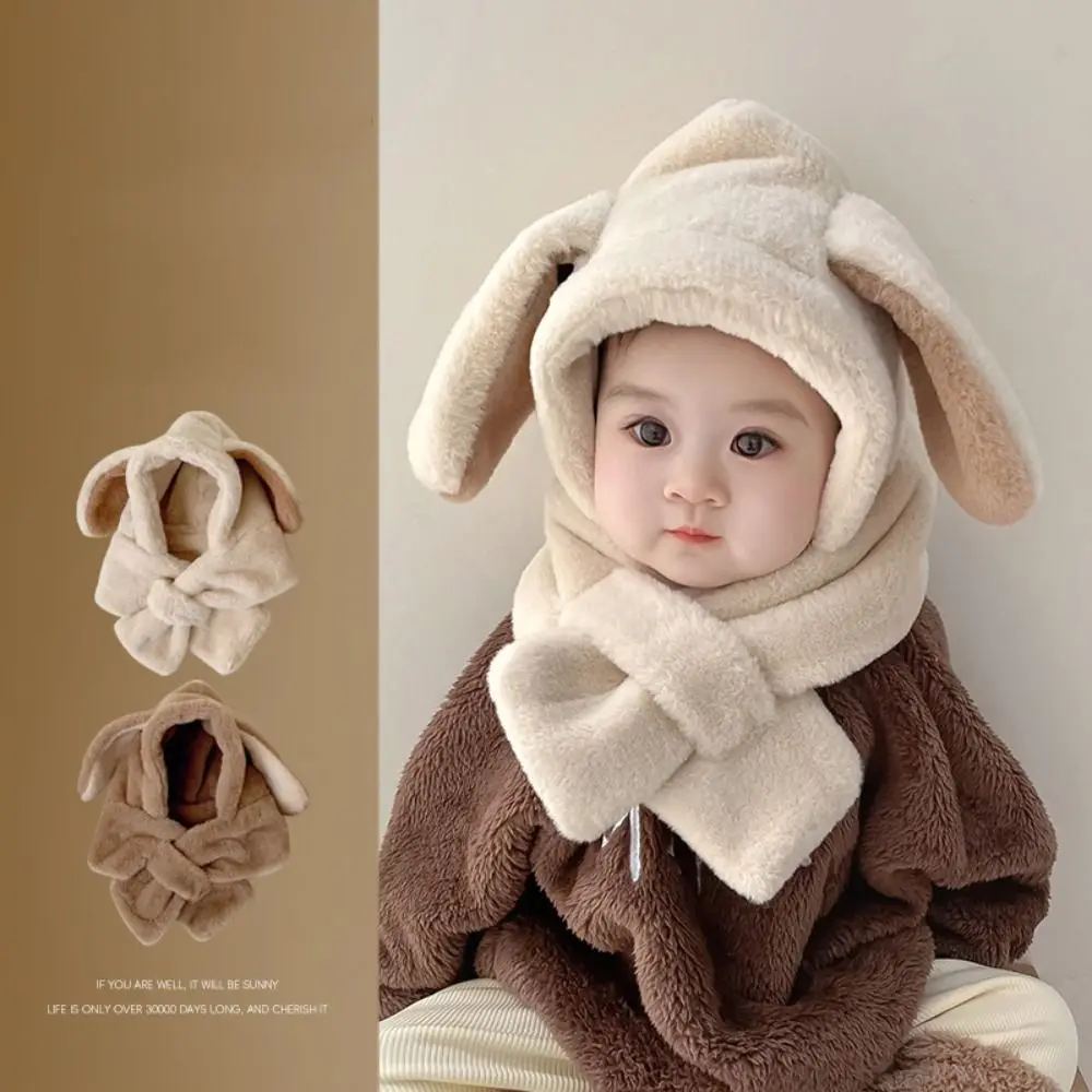 Cartoon Rabbit Ears Winter Baby Hat Scarf Windproof Thick Warm Kids Hat Hooded Scarf Neck Protection Plush One-Piece Beanies Cap