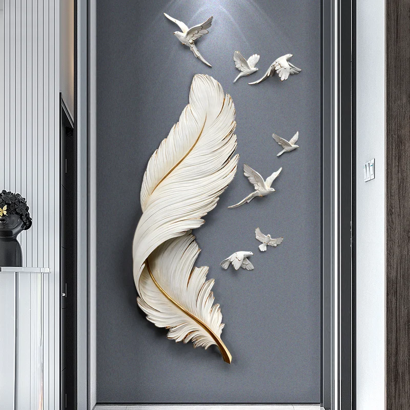 Nordic Luxury Feather Bird Figurine Wall Decor Entrance Corridor Living Room Sofa Background Wall Decoration Wall Hanging Crafts