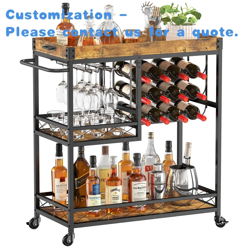 custom.Home with Wine Rack and Glasses Holder Rustic Rolling Serving Cart on Wheels Liquor and Alcohol-Customization