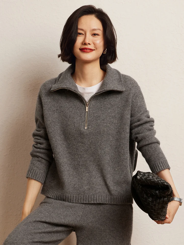 2024 New 100% Goat Cashmere Women Turn-down Collar Sweater Zipper Pullover Autumn Winter Thick Casual Loose Knit Clothing Tops