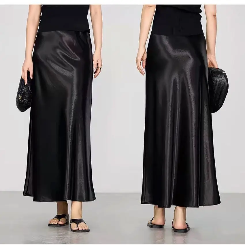 British Style Pleated Flowing Satin Fishtail Skirt with a Large Hem, Hip-Hugging, High-Waisted, Slimming, Long, High-End Black Glossy Polyester Long Skirt