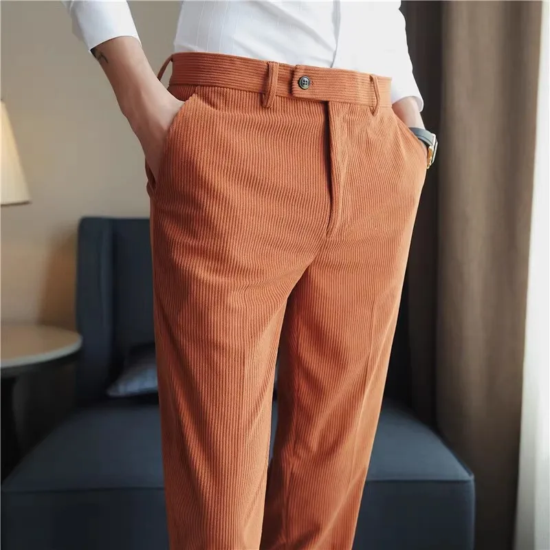 Autumn Winter Thick Corduroy Suit Pants Men Solid Color Slim Fit Korean Style Suit Trousers Mens Fashion Smart Casual Pants