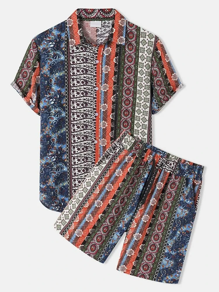 Conjuntos de camisa de estilo étnico para hombre, camisas de manga corta con estampado 3D, pantalones cortos de playa de gran tamaño, ropa de calle