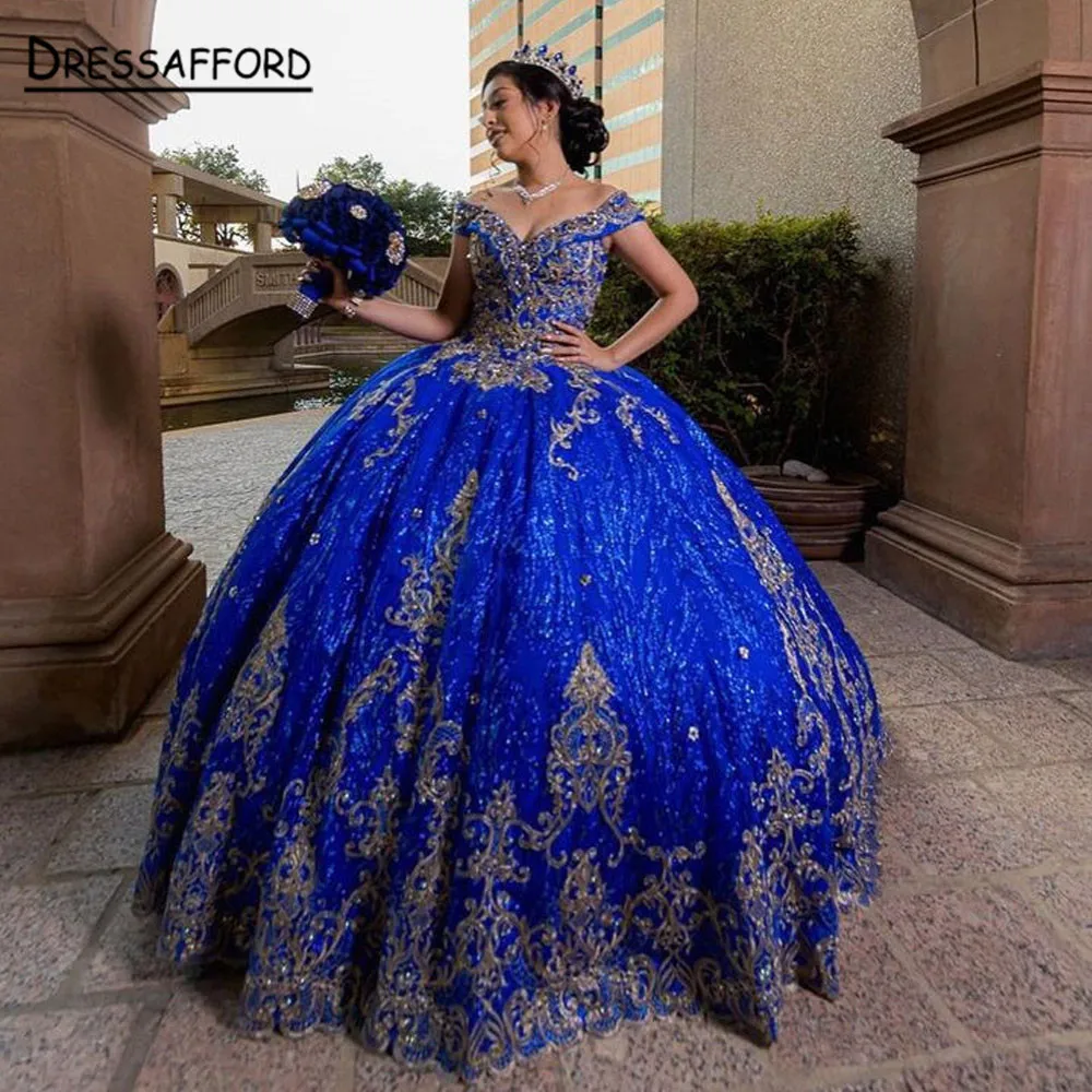 Royal Blue Quinceanera Dress Off Shoulder Sweet Prom Dress 3D Applique Beading 16 Princess Masquerade Party Dress