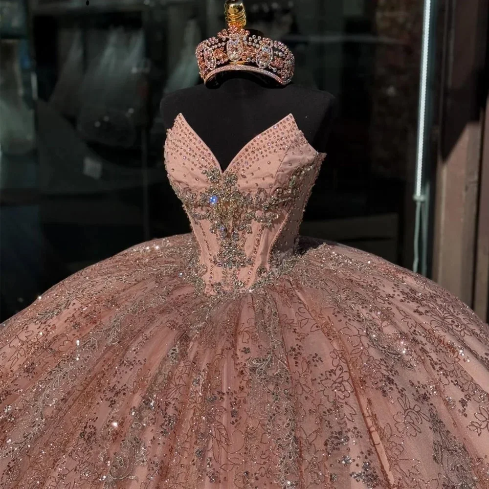 Pink Charro Quinceanera Dresses Ball Gown V-neck Sparkly Lace Beaded Mexican Sweet 16 Dresses 15 Anos Customized