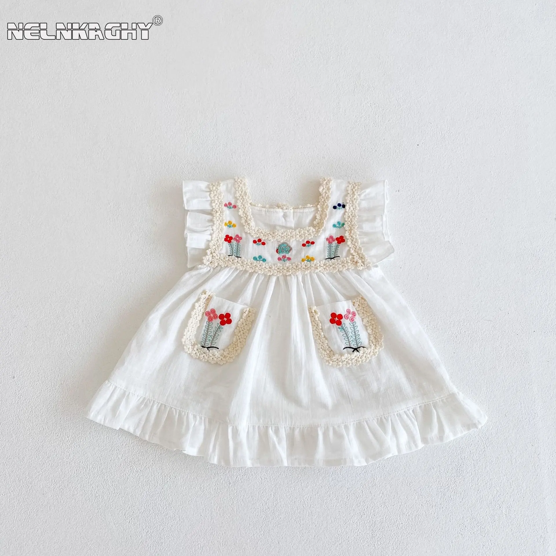 

pretty princess summer fly sleeve embroidery flower thin knee-length dress kids infant baby girls cotton clothing