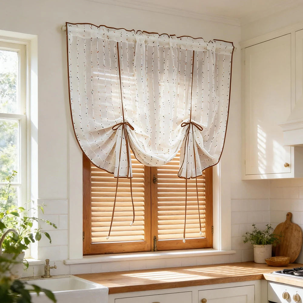 Bunter Dobby-Dot-Vorhang mit Bändern, brauner Rand, verstellbarer transparenter Volant mit Bändern für Küchenfenster, Schränke und Heimdekoration