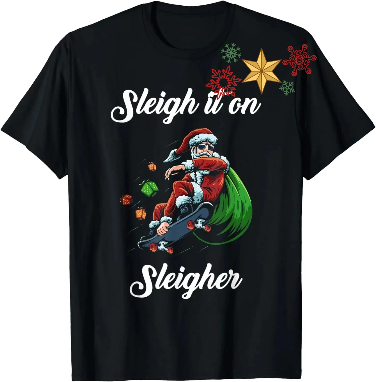 Sleigher Santa Claus Skateboarding Funny Christmas Meme T-Shirt 100% Cotton O-Neck Short Sleeve Casual Mens T-shirt Size S-3XL