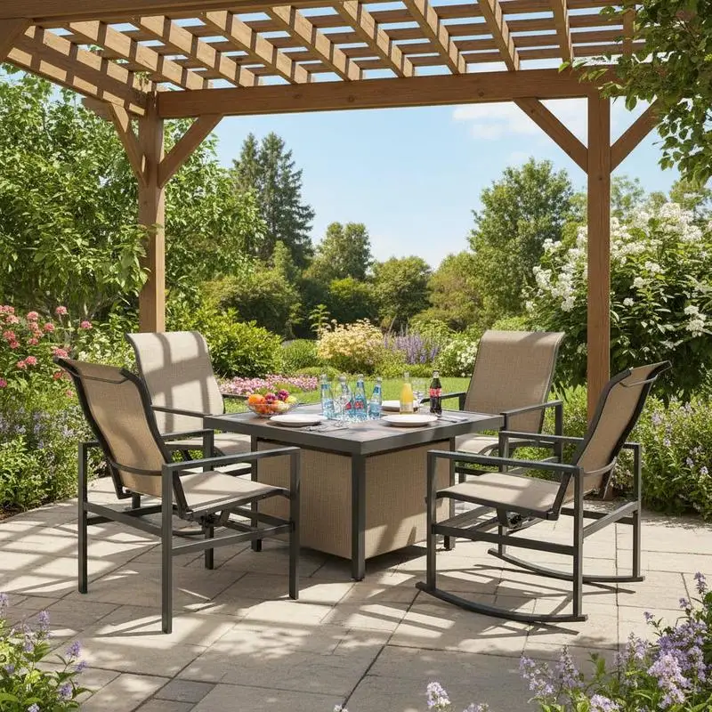 5 Piece Garden Patio Dining Set, Dinner Table with Built-in Ice Bucket Insert, 4 Rocking Chairs, Beige