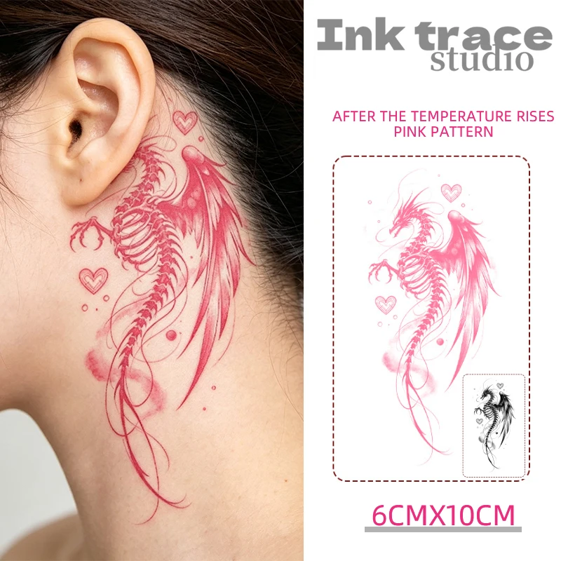 Color-Changing Skeleton Dragon Temporary Tattoo Waterproof Black to Pink Gothic-Style Heart-Shaped Body Art Sticker