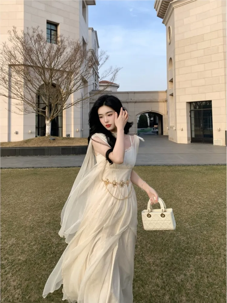 Elegant design flowing silver mesh gauze dress