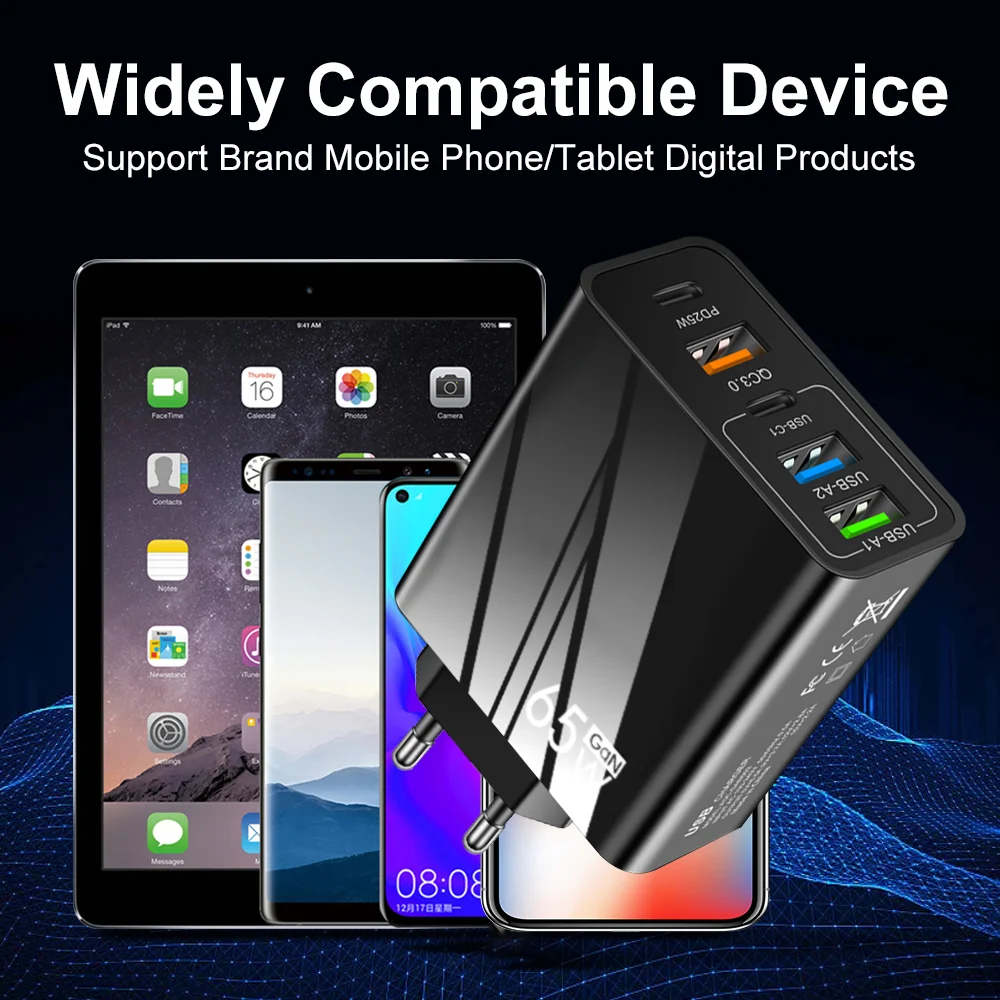 Ładowarka sieciowa 65W PD z szybkim ładowaniem, 3 porty USB, 2 porty Type-C, QC3.0, wielofunkcyjna ładowarka podróżna do iPhone, Samsung, Xiaomi, wersja EU/US/UK