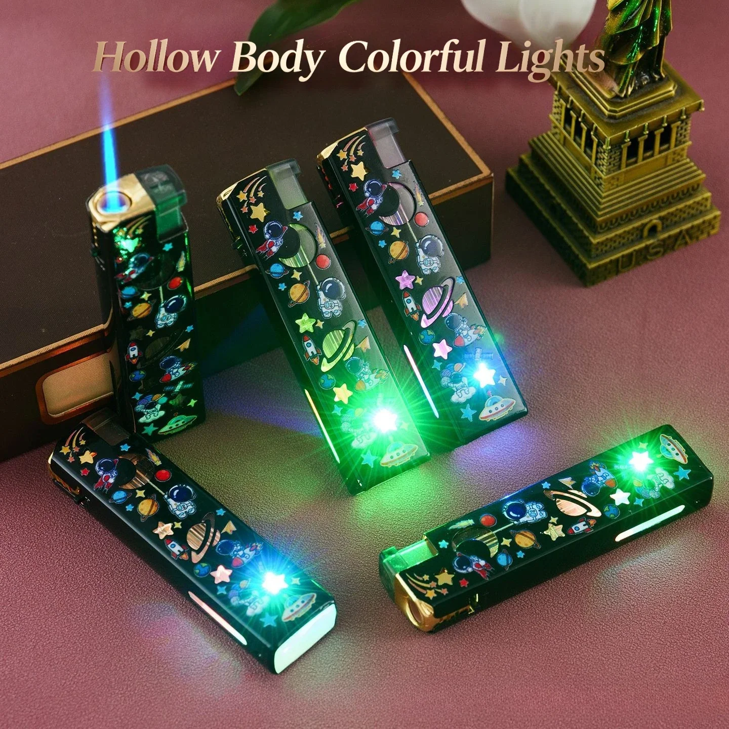 Glowing LED Space Themed Lighter, Metal Windproof Jet Flame Lighter with Starry Sky Pattern, Hollow-Out Light-Up Lighter