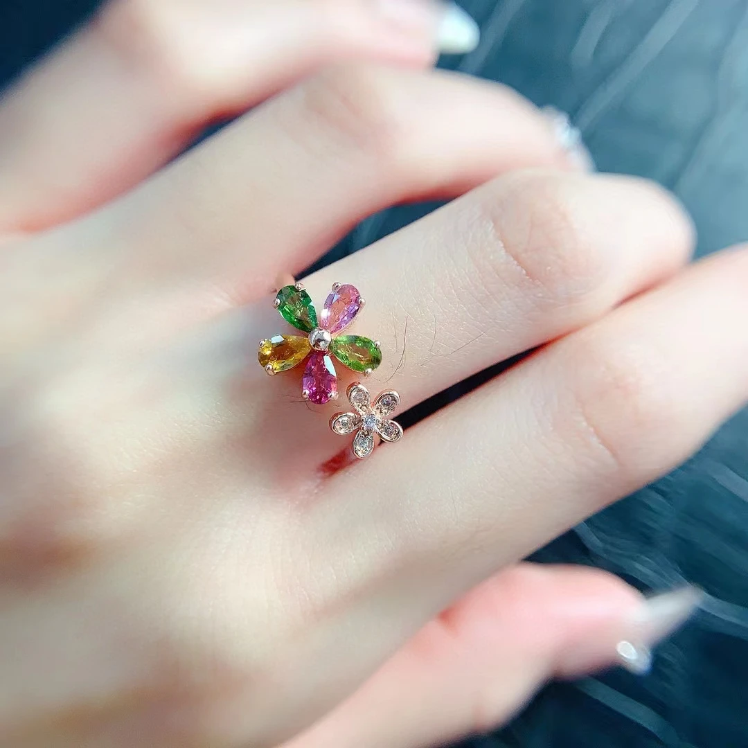 Cute 925 Silver Flower Ring 3mm*5mm Total 1ct Multicolor Natural Tourmaline Ring with 18K Gold Plated