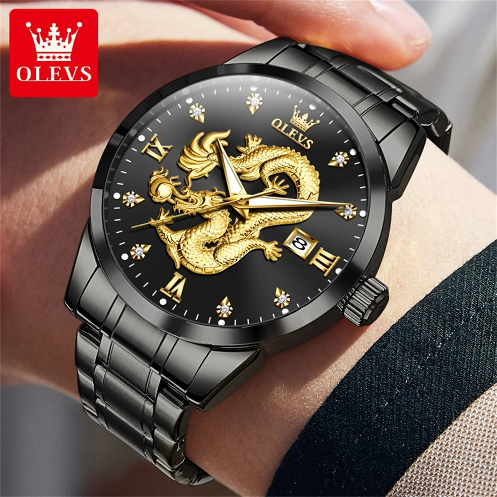 Relojes OLEVS para hombre, reloj de cuarzo Original de marca de lujo para hombre, reloj con fecha luminosa resistente al agua con esfera de dragón China Loong