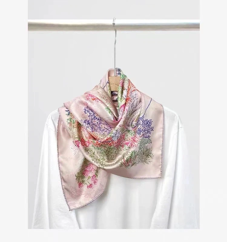 2026 Women 100% Silk Square Scarf Botanical Floral Print Large Shoulder Shawl Vintage Garden Pattern Silky Neck Head Scarf