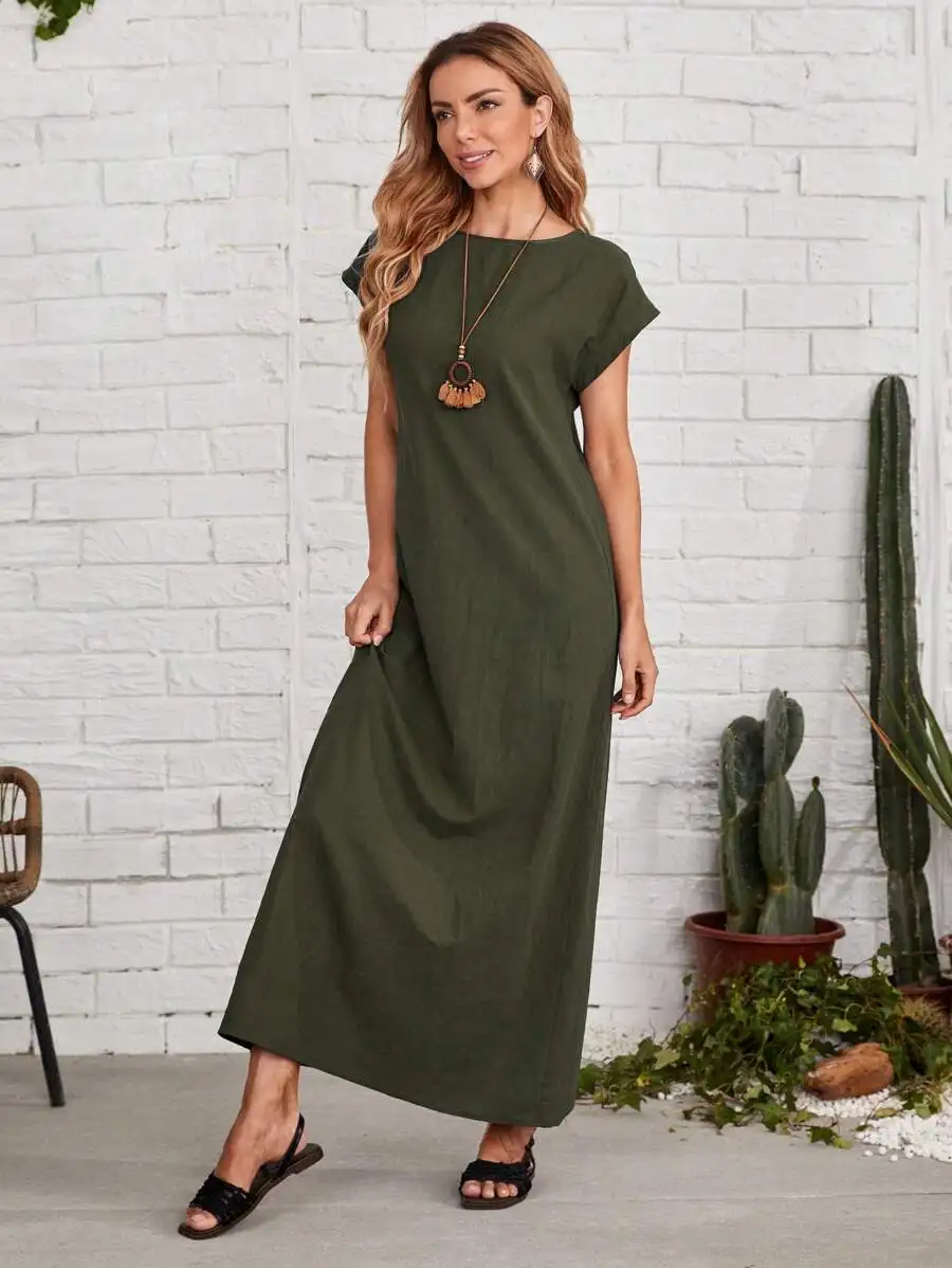 

O-Neck Batwing Sleeve Solid Color Maxi Dress