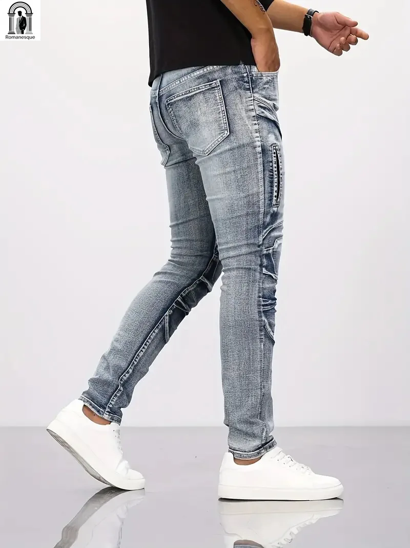 

New Distressed Men Jeans Denim Holes Skinny Vintage Wash Solid Pencil Pants 2024 Ankle Length Sheath Punk Style Pockets Slim