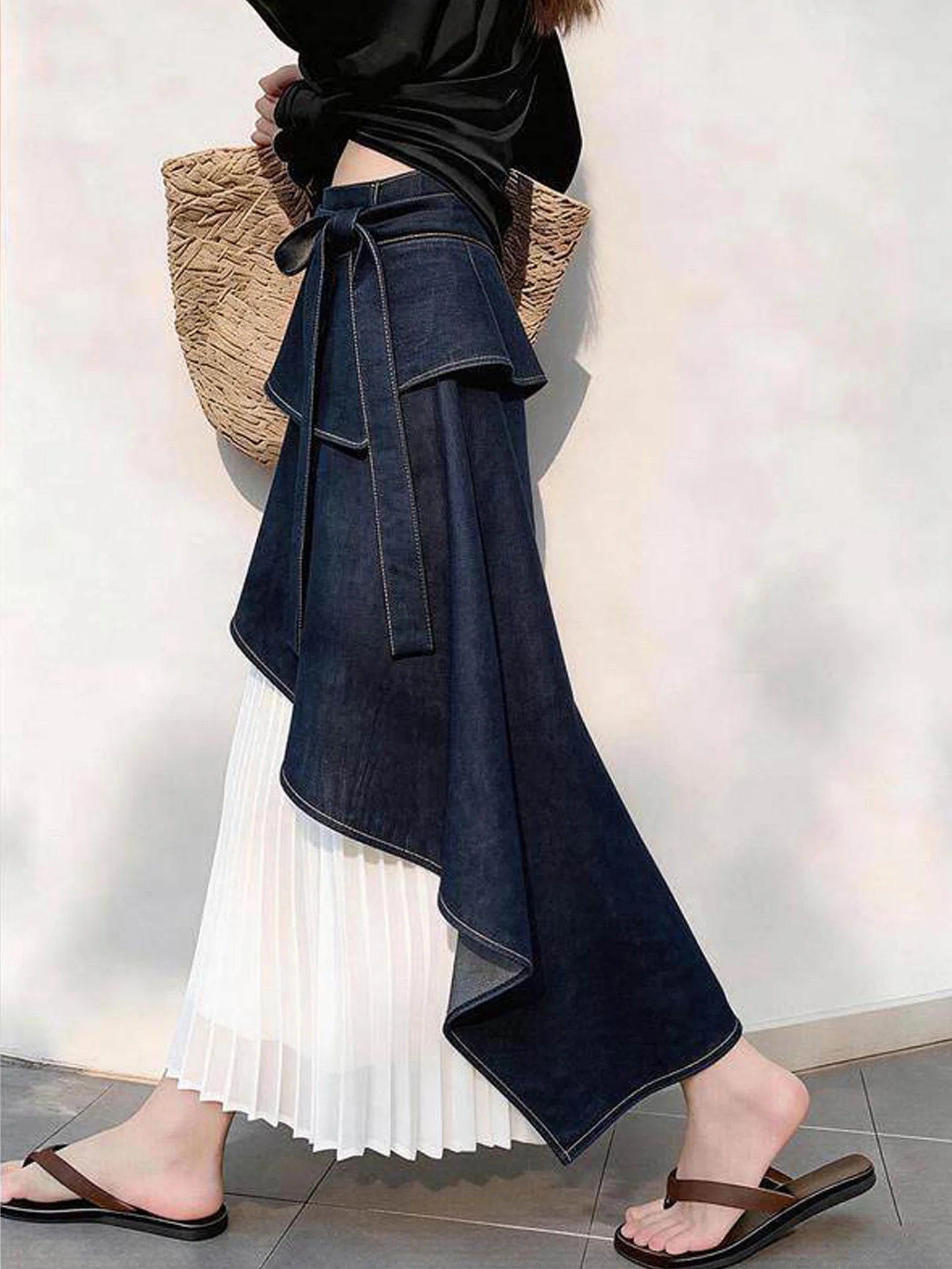 American Style Denim Patchwork Skirt Women's Autumn New Commute Design High Waist Irregular Long Dress with Belt