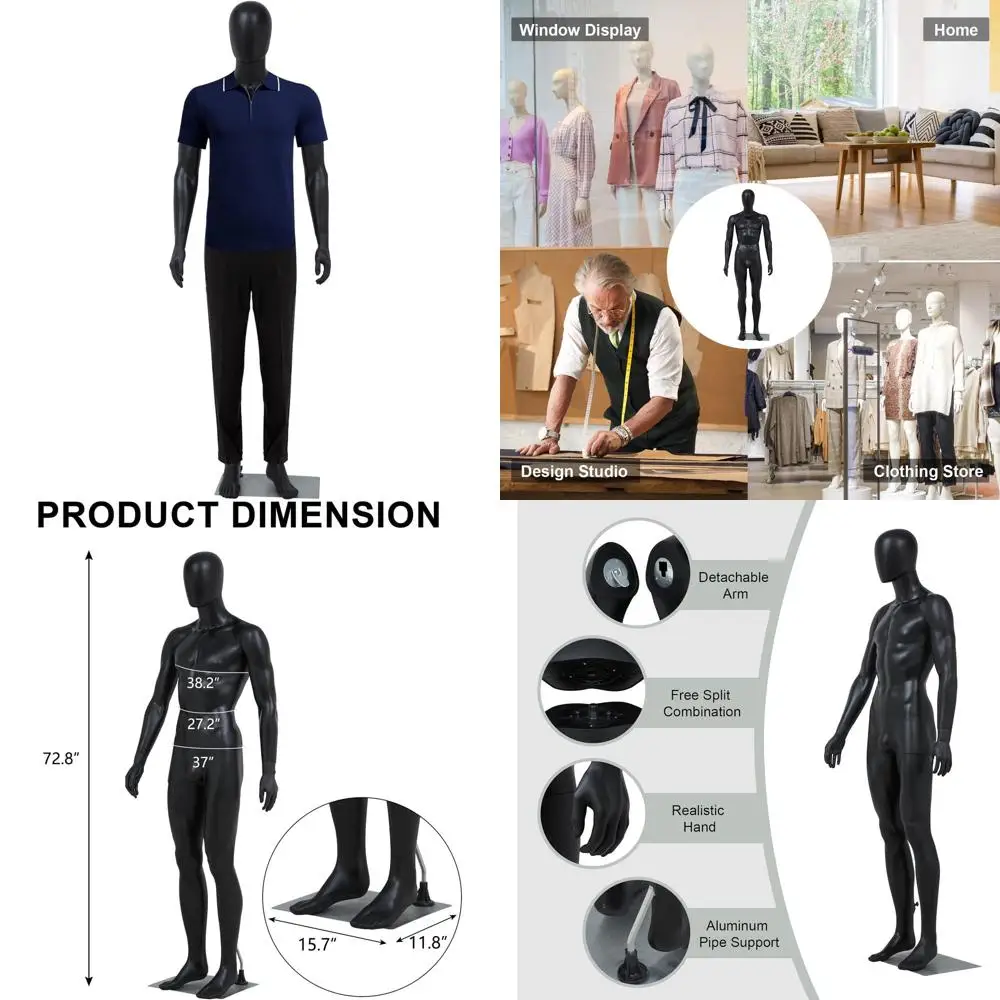 

Adjustable Full Body Mannequin Stand with Metal Base for Fashion Display and Design, Black