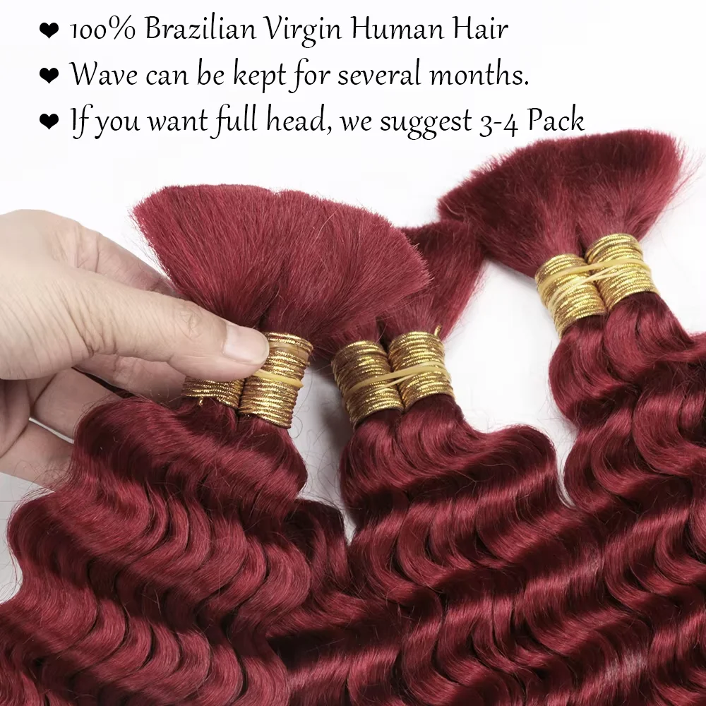 100% cabelo humano para trança onda profunda 99jborgonha boho tranças encaracolado feixes de cabelo humano sem trama pacotes para extensões de cabelo feminino