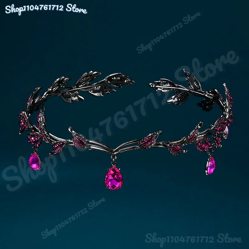 

Vintage Gun Black Emerald Rose Green Fairy Crown Tiara Crystal Leaf Elf Tiara Bandana Hair Accessories for Women Costume Jewelry