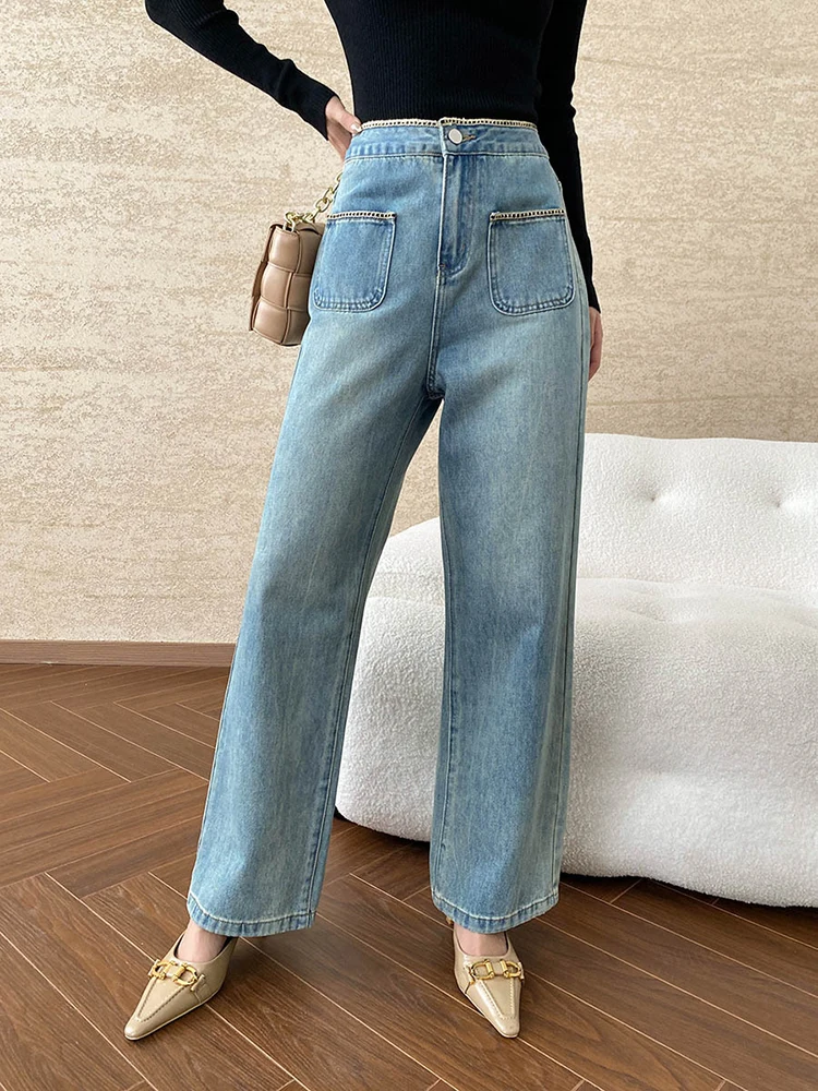 [LANMREM] Washed Jeans For Women High Waist Straight Wide Leg Denim Pants Fashion Trousers 2024 Autumn New Clothing 26C462