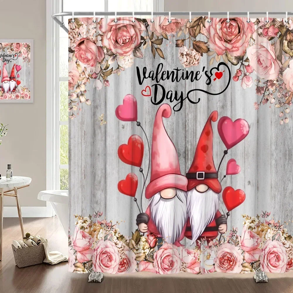 Valentine's Day Shower Curtain, Elf Animal Cartoon Love Tree Striped Heels Rose Cat Paris Tower Romantic Bathroom Decoration