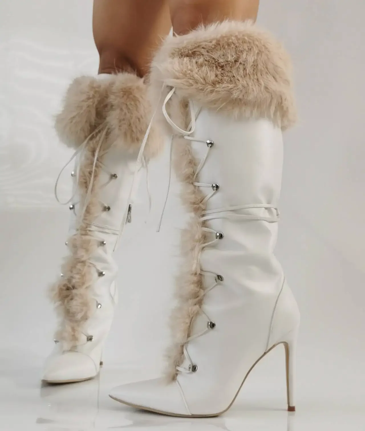 2026 Winter New Knee-High Boots White Leather Pointed Toe Thin Heel Fashion Fleece Warm Boots Zipper Cross Lace-Up Long Boots