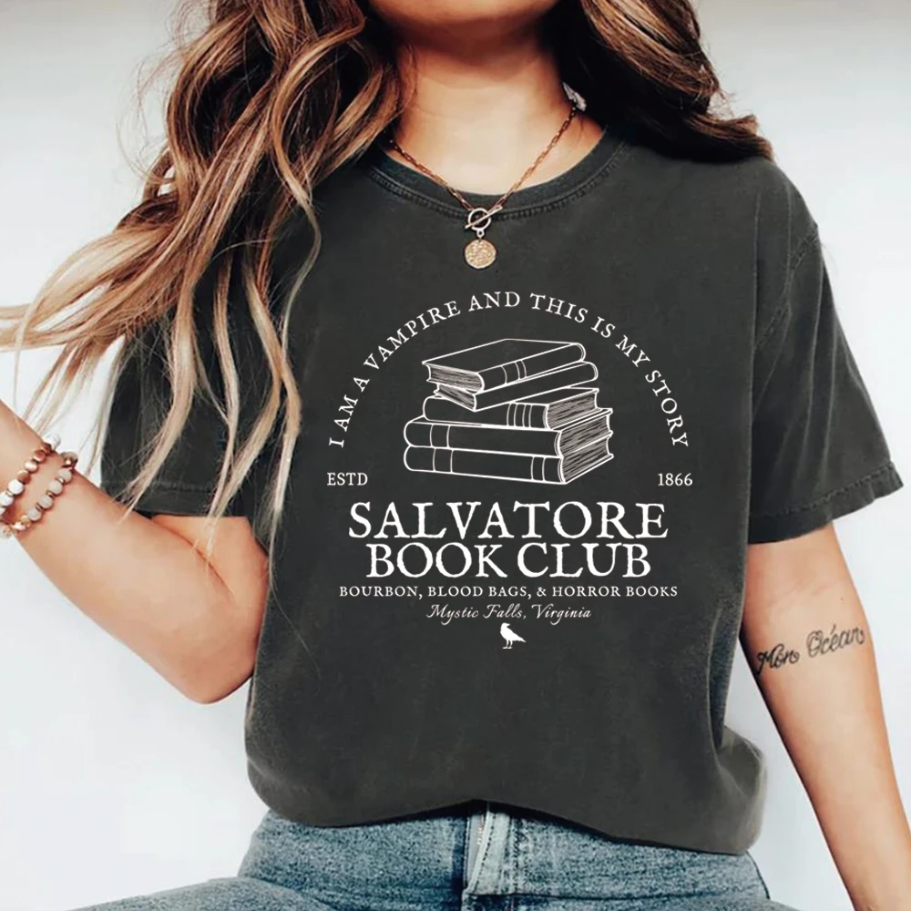 Salvatore Book Club T-shirt Vampire Diaries Shirt Mystic Falls Tee Damon Inspired Tshirt Unisex Short Sleeve Tops Fans Gift