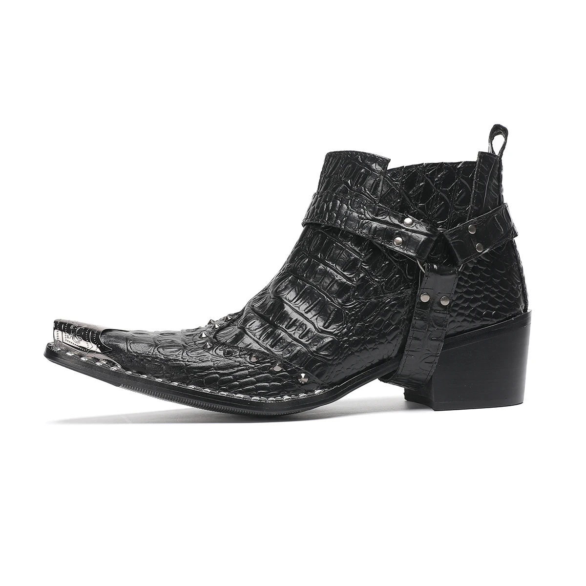 Men's Leather Boots  Western Cowboy Metal Toe Lace Up Rivets  Black Leather Ankle Boots Double Button Knight Party Boots